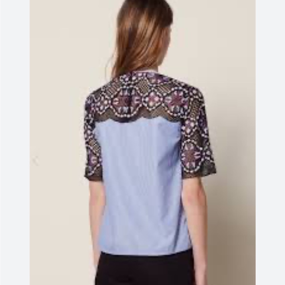 Sandro Charlotte Lace-and-Stripe Top Elegant Black Lace Women's Top‎ - Picture 2 of 9